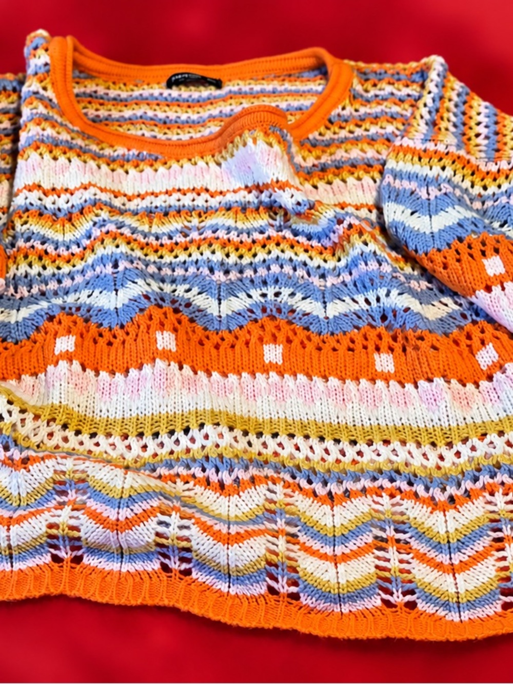 SHEIN Multicolor Crochet Scoop Neck Sweater with Orange Trim